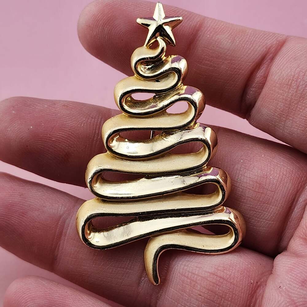 Vintage AJC Gold Tone Ribbon Christmas Tree Brooch Star Modernist Holiday Pin